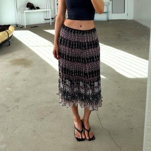 Christopher & Banks Black, Purple & White Floral Crinkle Midi Skirt